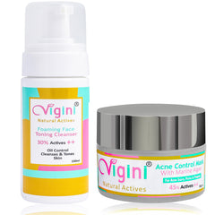 Vigini 30% Actives Anti Acne Foaming Toning Cleansing Wash 150ml & 45% Actives Marine Algae Clay Face Mask 50g