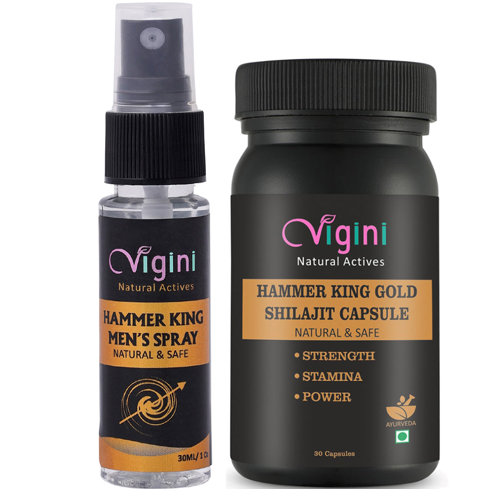 Vigini 100% Natural Actives Hammer King CFC Free Water Based Deodorant Men's Delay Spray with Gold Pure Shilajit/Shilajeet Capsule 80g (Pack of 2)