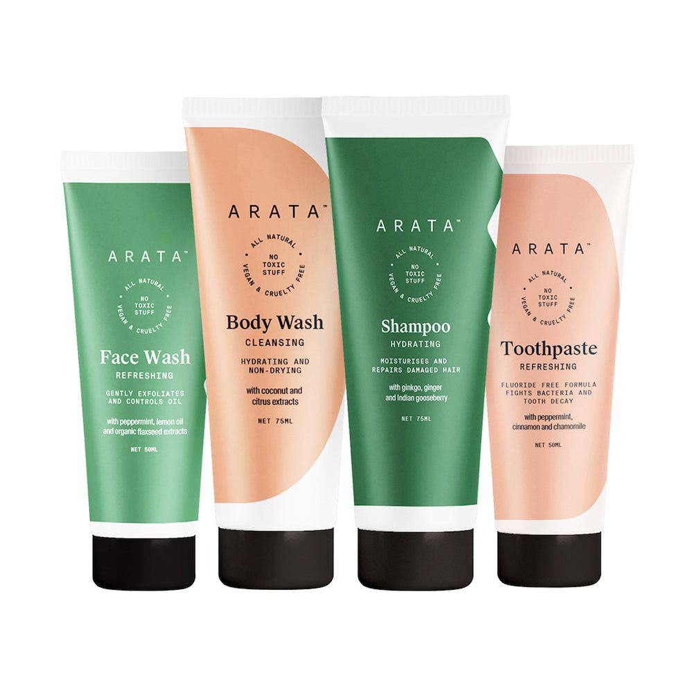 Arata Travel Kit With Hydrating Shampoo, Body Wash, Toothpaste & Face Wash | All Natural, Vegan & Cruelty-Free | On-The-Go Personal Care For Travel 250ml
