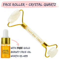 Natural Vibes White Crystal Quartz Roller & Massager with FREE Gold Beauty Elixir Oil