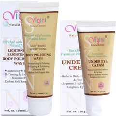 Vigini Under Eye Bye Bye Dark Circle Puffiness Removal Gel Cream 20g + D-Tanning Exfoliating Scrub & Polishing Wash 200ml (Pack of 2)