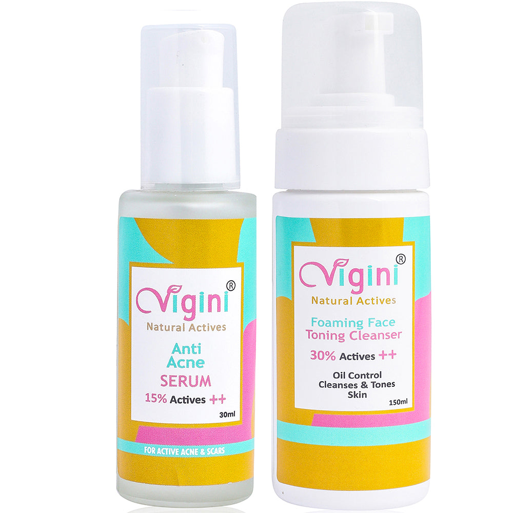 Vigini 15% Actives Anti Acne Face Serum 30ml & 26% Actives Foaming Toning Cleansing Wash 150ml
