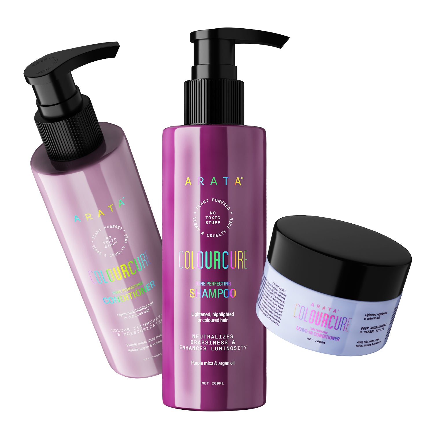 Arata Colour Cure Trio for Blonde, Ash & Brunette Hair with Purple Mica | Purple Shampoo, Conditioner & Leave-In Conditioner