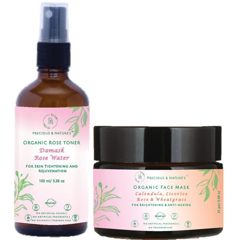 Precious & Nature's Anti-ageing, Anti-Acne & Hydrating Kit with Organic Face Mask & Damask Rose Water (Pack of 2)
