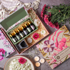 Myra Veda Essential Oils + Diffuser Kit + Tea Light Candle Gift Hamper